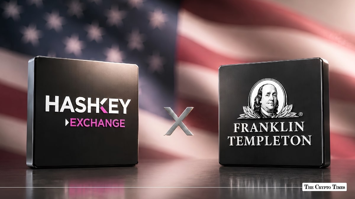 HashKey Exchange logo and Franklin Templeton logo on rectangular blocks side by side against an American flag backdrop