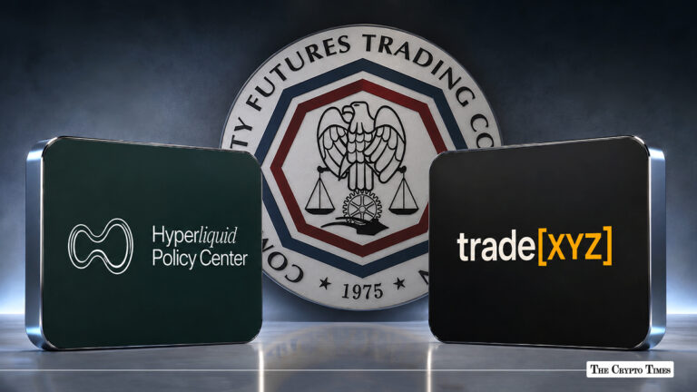 Logos of Hyperliquid Policy Center and Trade[XYZ] in front of the Commodity Futures Trading Commission (CFTC) seal