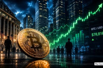 Gold Bitcoin coin on a city street in front of a green rising candlestick chart showing BTC at $78,816.11