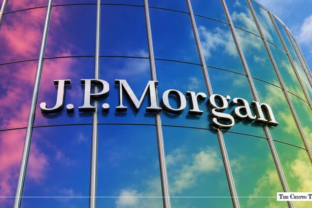 J.P. Morgan logo on a glass office building facade