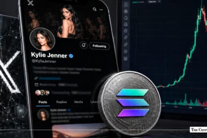 Smartphone displaying Kylie Jenner’s X profile alongside a Solana coin and a sharp market crash chart