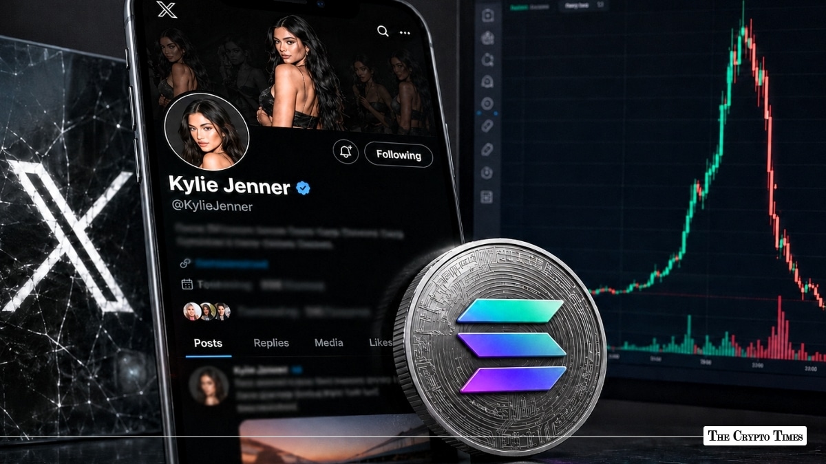 Smartphone displaying Kylie Jenner’s X profile alongside a Solana coin and a sharp market crash chart