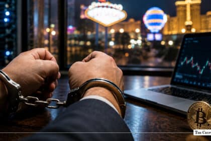 Handcuffed hands at a desk next to an open laptop showing trading charts, a gold Bitcoin coin, and the illuminated Las Vegas strip in the background