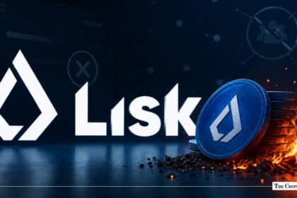 White Lisk logo next to a stack of blue LSK coins surrounded by glowing embers and flames