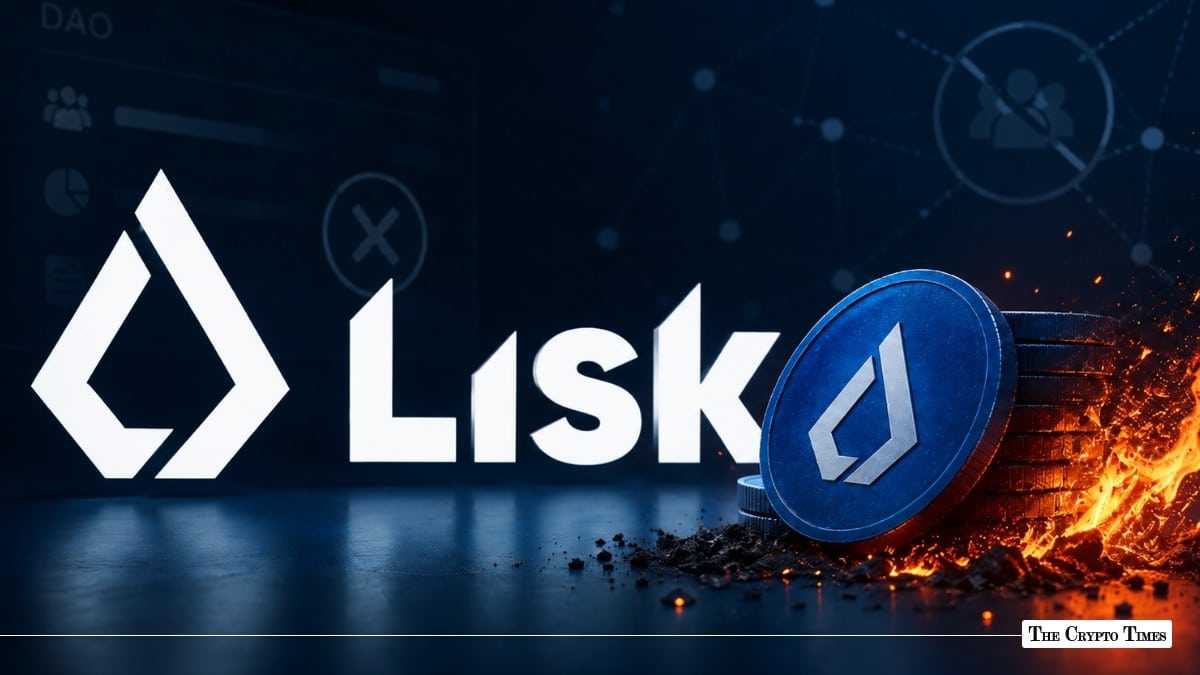 White Lisk logo next to a stack of blue LSK coins surrounded by glowing embers and flames