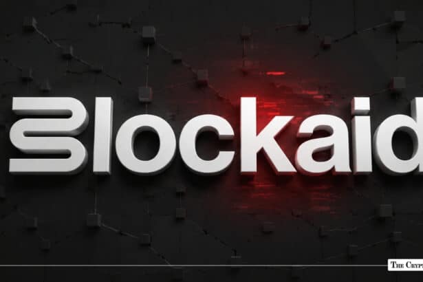 White Blockaid logo with red lighting on a dark 3D geometric background
