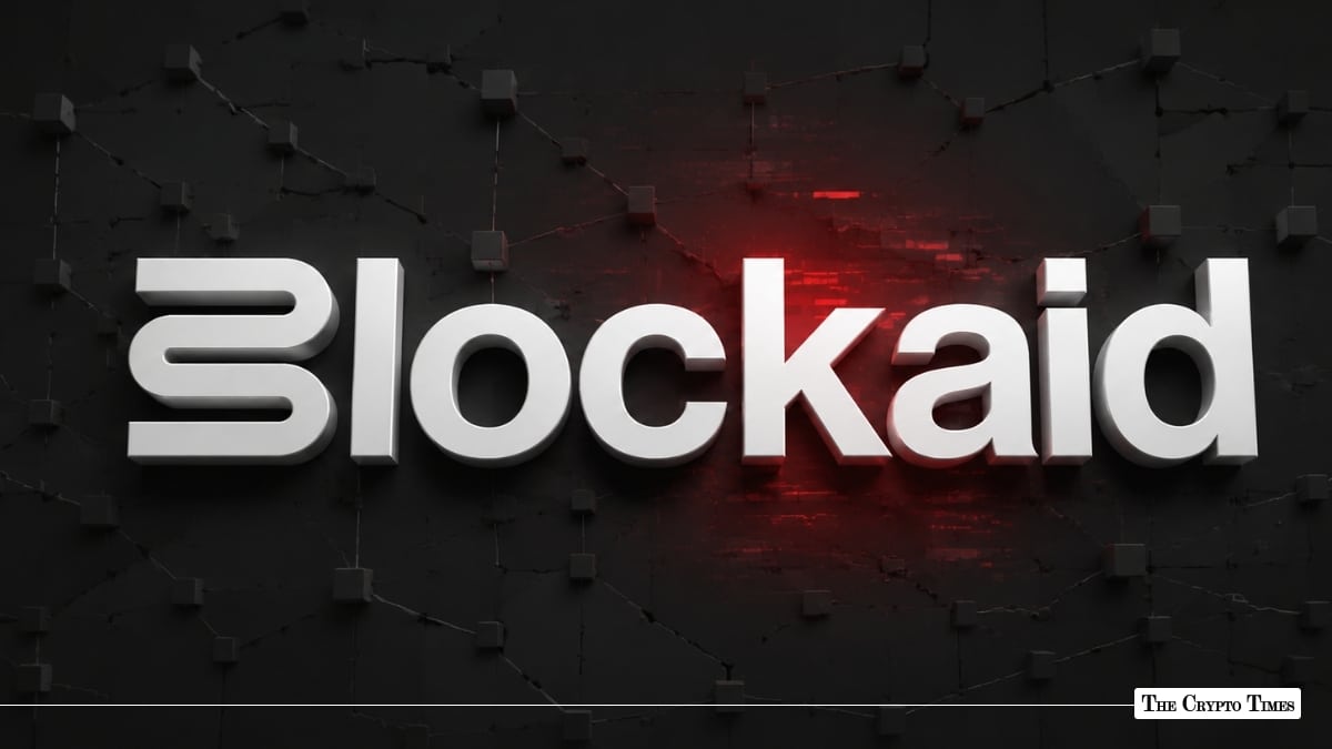 White Blockaid logo with red lighting on a dark 3D geometric background