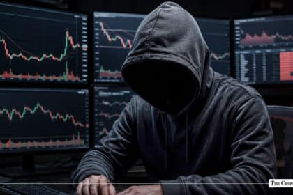 A hooded hacker sitting before multiple screens showing volatile red and green candlestick charts