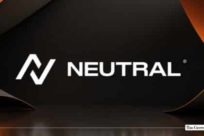 Neutral logo with white lettering set against a dark, angled background