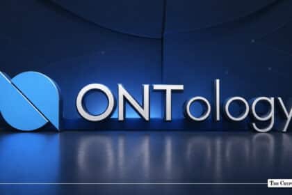 3D silver and light blue Ontology logo and wordmark on a dark blue studio background
