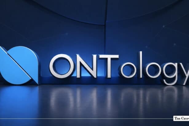 3D silver and light blue Ontology logo and wordmark on a dark blue studio background