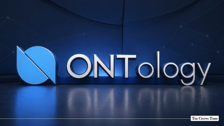 3D silver and light blue Ontology logo and wordmark on a dark blue studio background