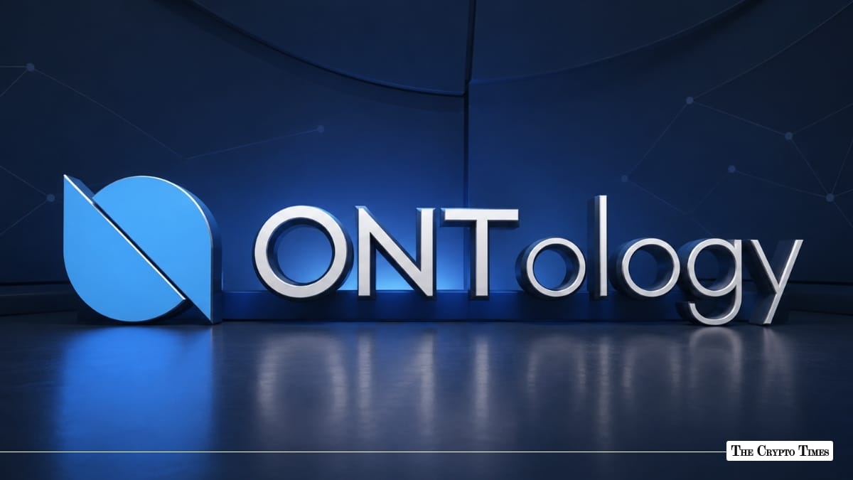 3D silver and light blue Ontology logo and wordmark on a dark blue studio background
