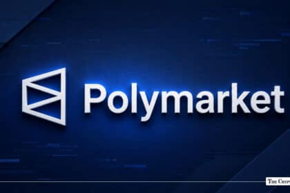 3D white Polymarket logo and wordmark centered against a dark blue textured background