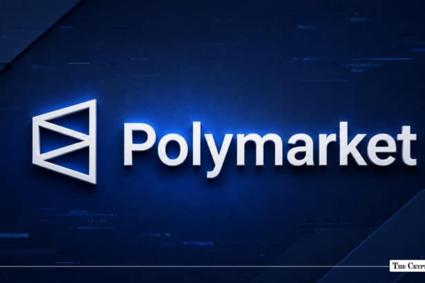 3D white Polymarket logo and wordmark centered against a dark blue textured background