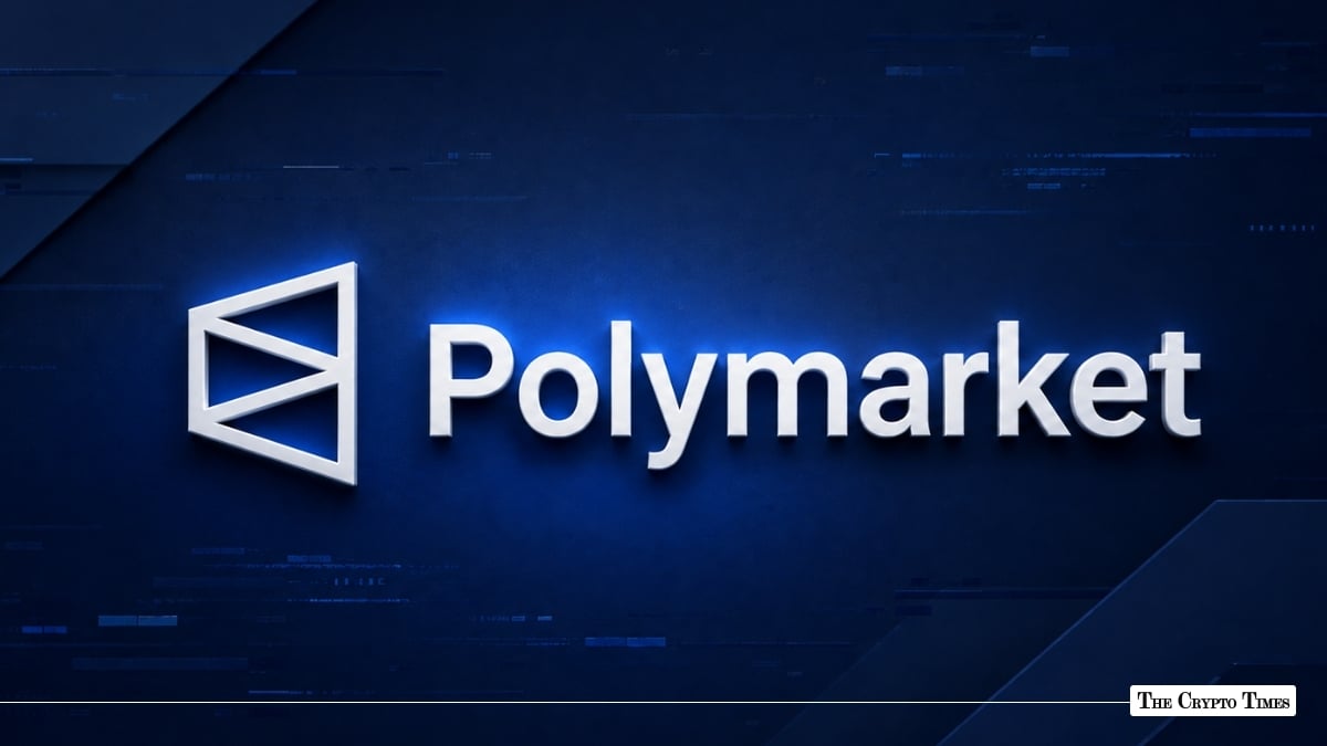3D white Polymarket logo and wordmark centered against a dark blue textured background