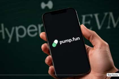 A hand holding a smartphone displaying the Pump.fun logo in front of a background with the text "HyperEVM"
