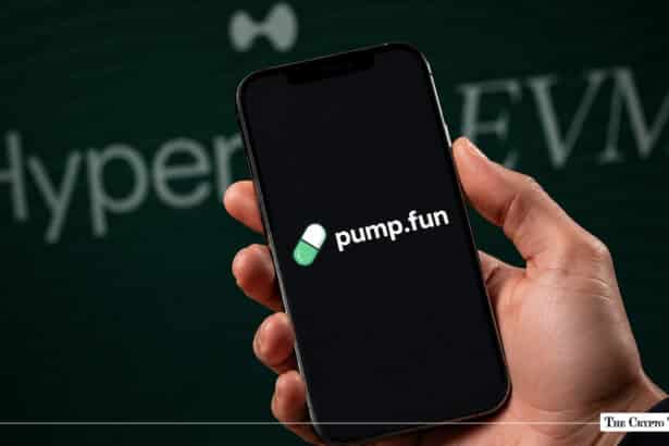 A hand holding a smartphone displaying the Pump.fun logo in front of a background with the text "HyperEVM"