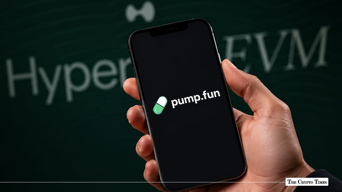 A hand holding a smartphone displaying the Pump.fun logo in front of a background with the text "HyperEVM"