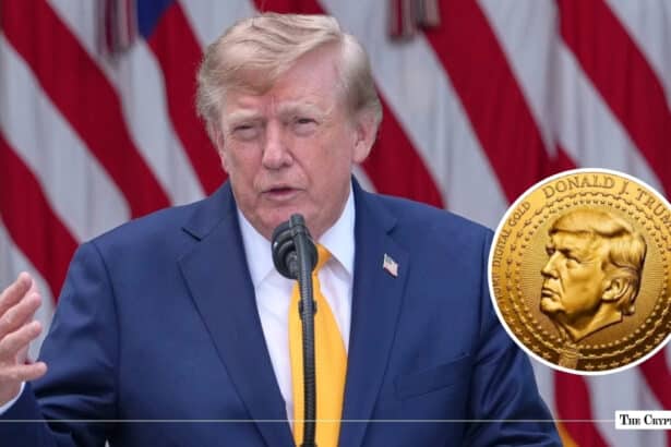 Donald Trump speaking into microphones with an American flag backdrop, beside a graphic inset of a gold medallion labeled Trump Digital Gold Donald J. Trump 45th President