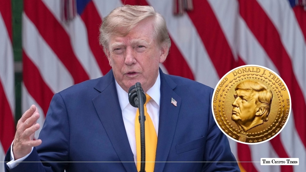 Donald Trump speaking into microphones with an American flag backdrop, beside a graphic inset of a gold medallion labeled Trump Digital Gold Donald J. Trump 45th President