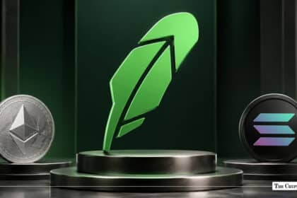 Green Robinhood feather logo standing on a central podium flanked by physical Ethereum and Solana coins