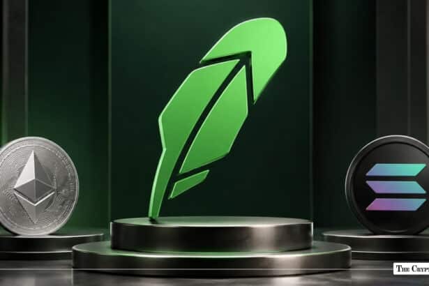 Green Robinhood feather logo standing on a central podium flanked by physical Ethereum and Solana coins