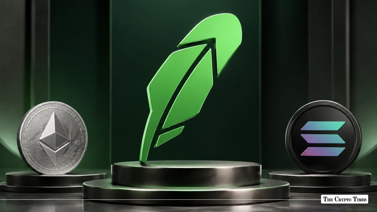Green Robinhood feather logo standing on a central podium flanked by physical Ethereum and Solana coins