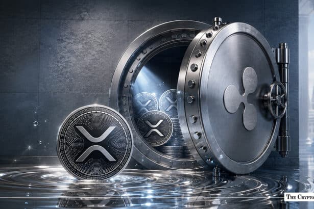 An open bank vault door stamped with the Ripple logo, revealing stacked XRP coins inside, next to a silver XRP token in the foreground
