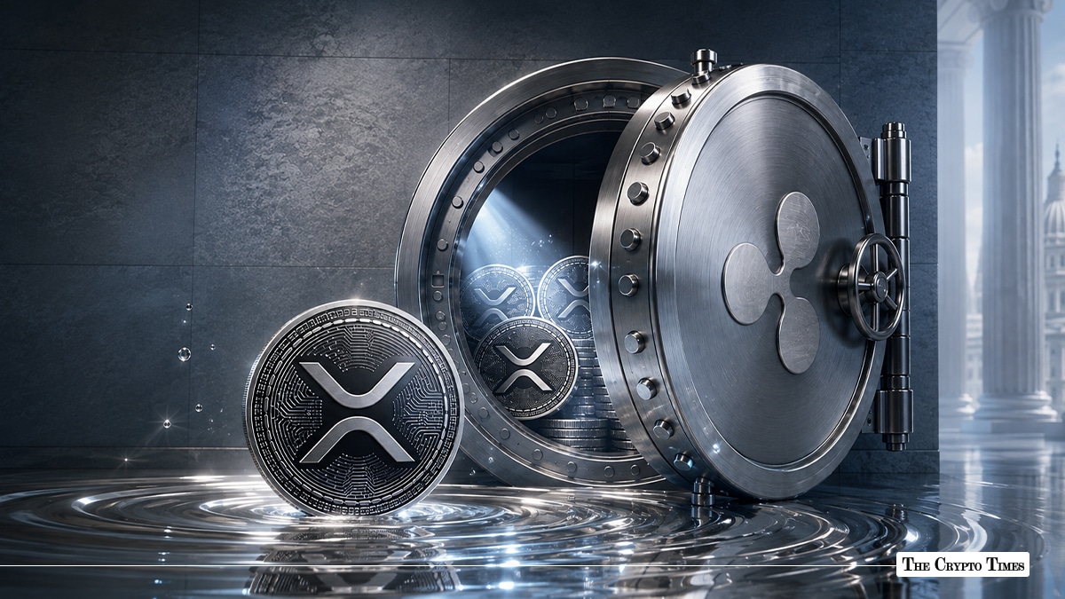 An open bank vault door stamped with the Ripple logo, revealing stacked XRP coins inside, next to a silver XRP token in the foreground