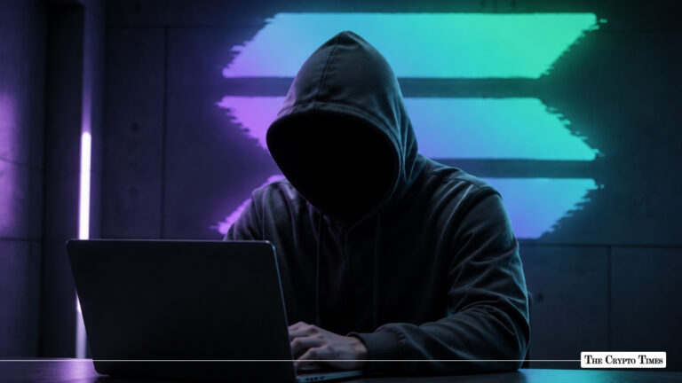 A hooded figure using a laptop in front of a glowing, multicolored Solana logo