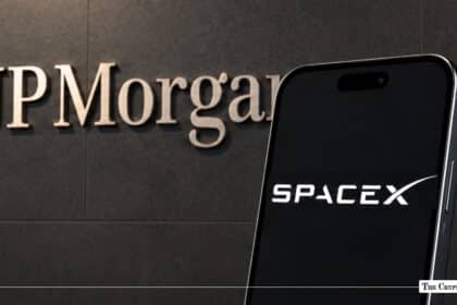 JPMorgan logo with a smartphone displaying the SpaceX logo.