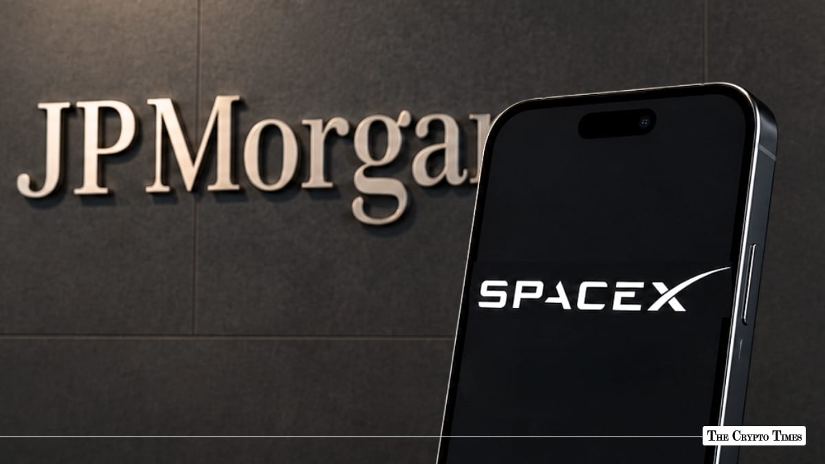 JPMorgan logo with a smartphone displaying the SpaceX logo.