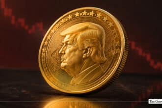 Trump-linked GOLD Coin set against a red downward market chart