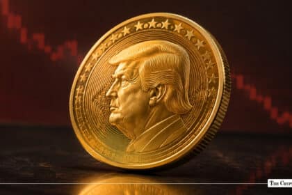 Trump-linked GOLD Coin set against a red downward market chart
