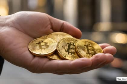 An open hand holding physical gold Bitcoin coins outdoors with a blurred background