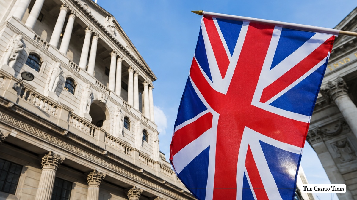UK flag waving in front of the Bank of England building under a blue sky