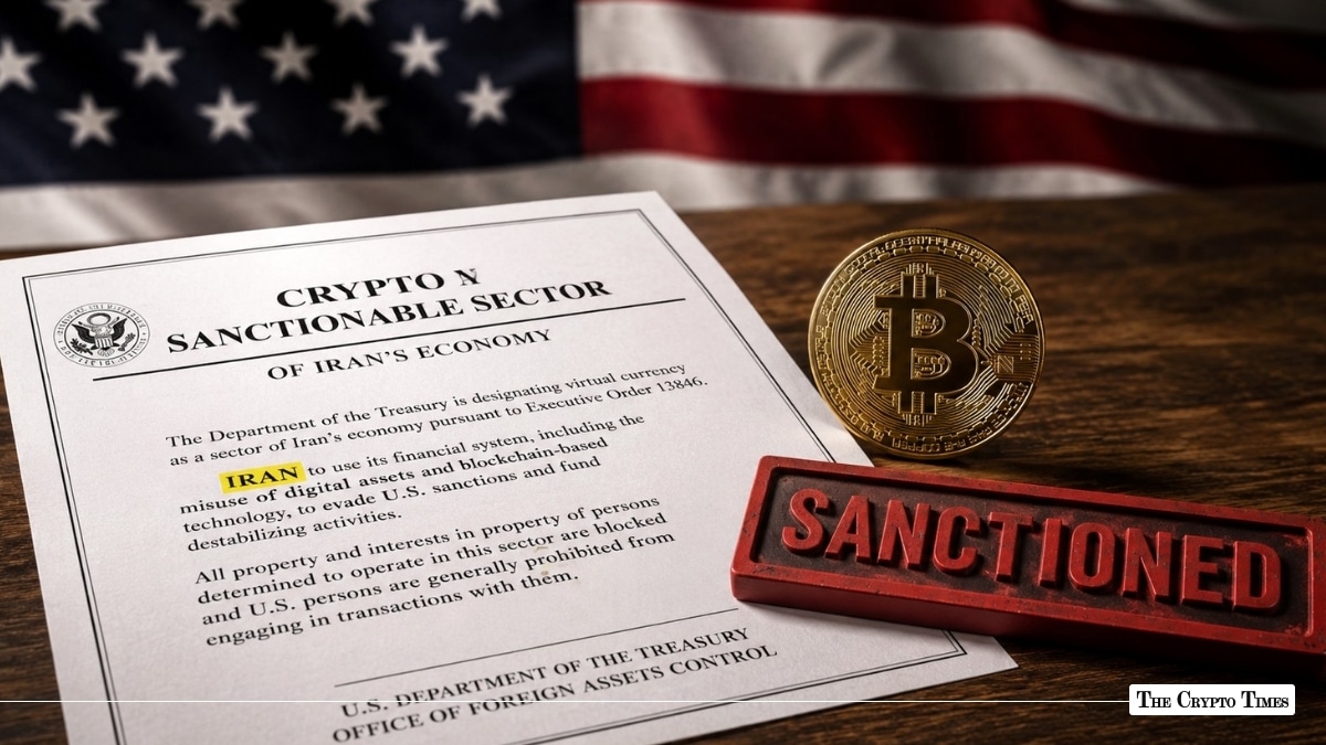 Official document regarding sanctions on Iran next to a gold Bitcoin coin and a red stamp reading "SANCTIONED," with an American flag in the background
