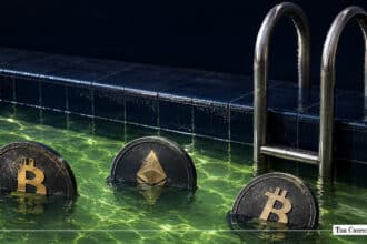 Bitcoin and Ethereum coins submerged in a swimming pool.