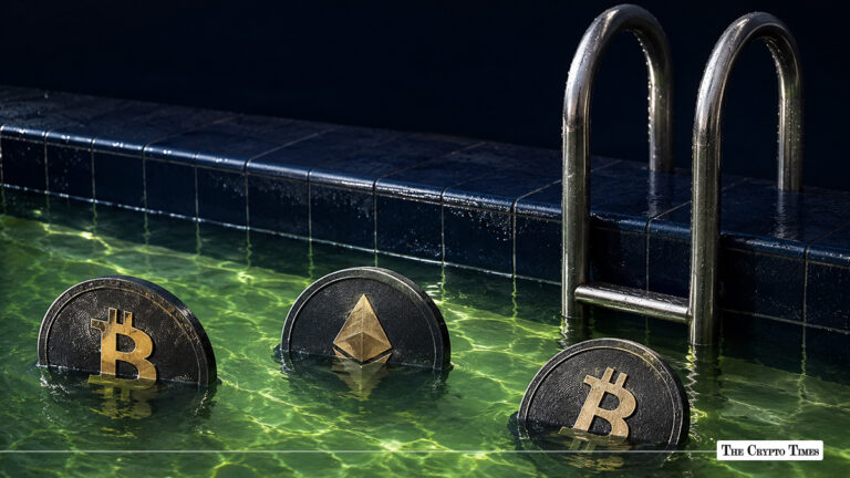 Bitcoin and Ethereum coins submerged in a swimming pool.