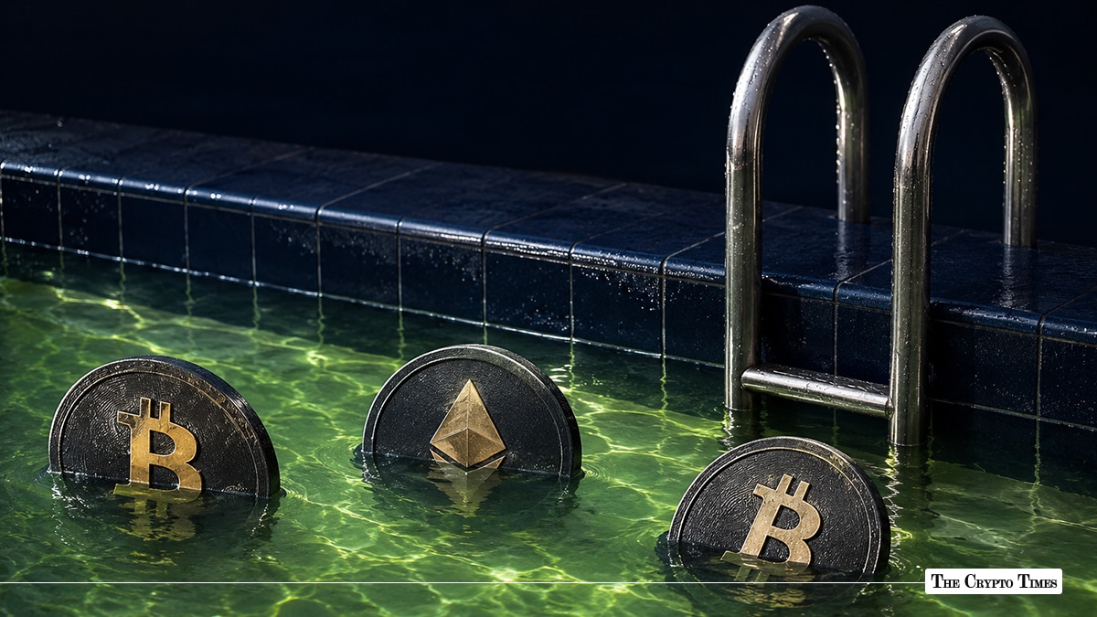 Bitcoin and Ethereum coins submerged in a swimming pool.