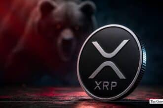 XRP coin displayed against a dark background with a bear market sentiment