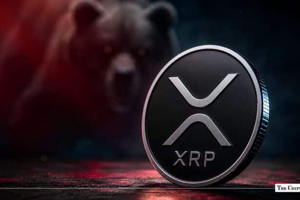XRP coin displayed against a dark background with a bear market sentiment