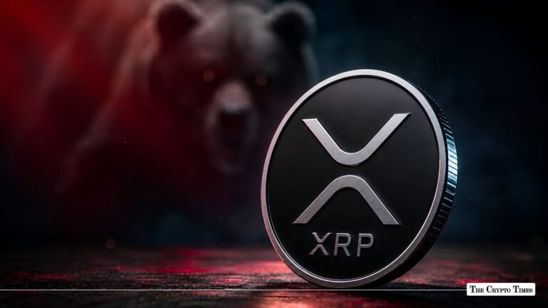 XRP coin displayed against a dark background with a bear market sentiment