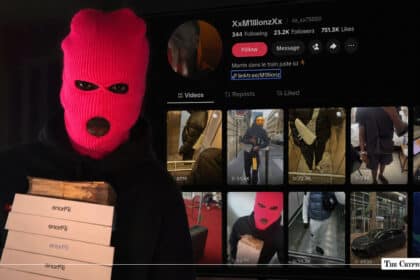 Person in a pink balaclava holding cash and stacked iPhone boxes next to a TikTok profile page for XxM1llionzXx