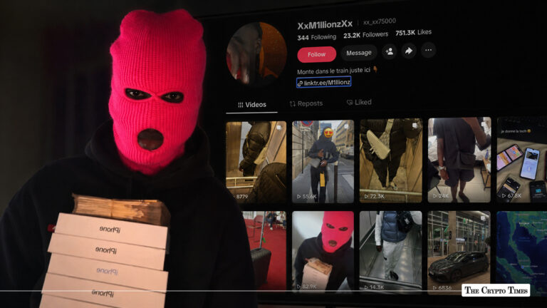 Person in a pink balaclava holding cash and stacked iPhone boxes next to a TikTok profile page for XxM1llionzXx