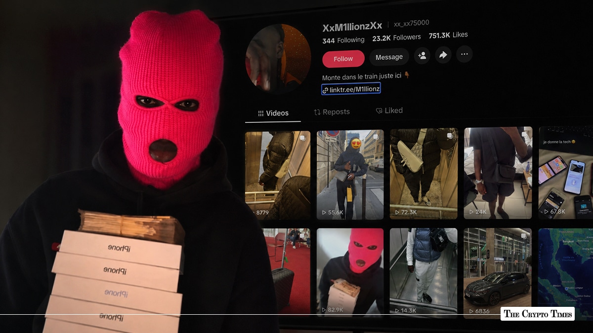 Person in a pink balaclava holding cash and stacked iPhone boxes next to a TikTok profile page for XxM1llionzXx