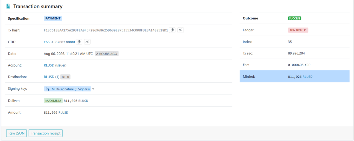 RLUSD mint transaction (Tx: F13C61EE...518D1) on August 6 at 7:37 IST