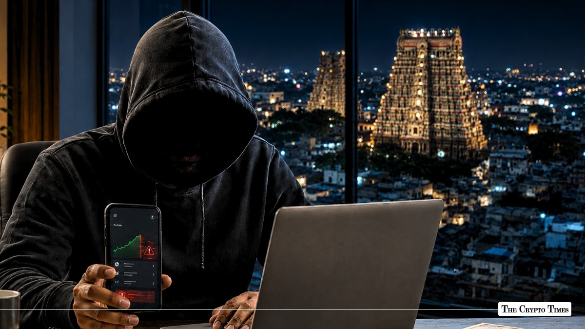 A hooded figure with a phone and laptop set against the illuminated temple skyline of Madurai, Tamil Nadu