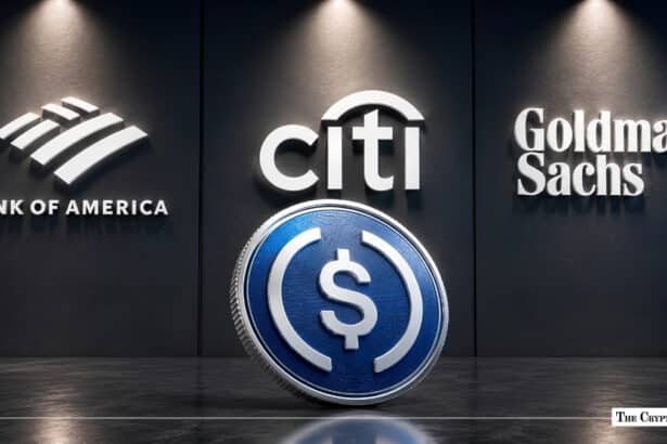 Bank of America, Citi, and Goldman Sachs logos displayed with a USDC stablecoin symbol